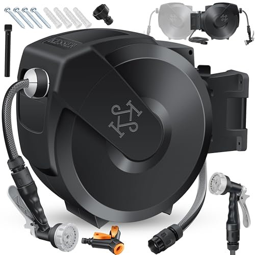 KESSER® Schlauchtrommel mit Gartenschlauch 30m | Wasserschlauchtrommel zur Wandmontage | Wandhalterung | 180° schwenkbar & automatische Aufrollung | Wand-Schlauchbox inkl. 7-Funktionen Handbrause
