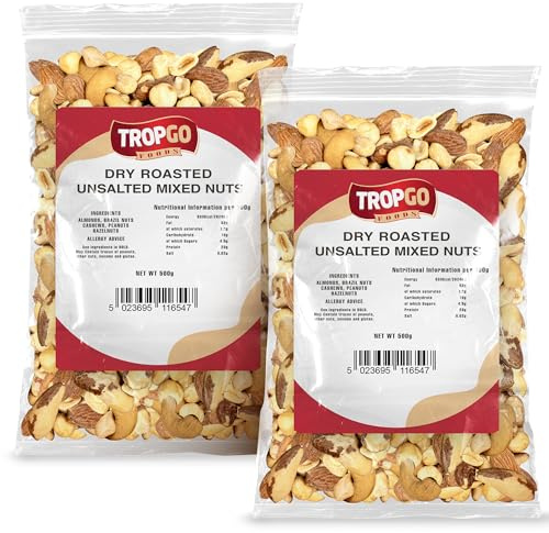 Tropgo Roasted Unsalted Mixed Nuts 2 × 500g (1KG) - Packed Fresh, Healthy Nuts with Fibre, Protein, and Minerals - Perfect for Snacking - Includes Almonds, Brazil Nuts, Cashews, Peanuts, & Hazelnuts