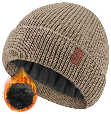 JFAN Gorro Hombres y Mujeres Invierno Gorro Docker de Punto Forro Polar Slouch Beanie de Lana Gorro de Invierno con Tapa de Calavera Enrollable Unisex,Caqui