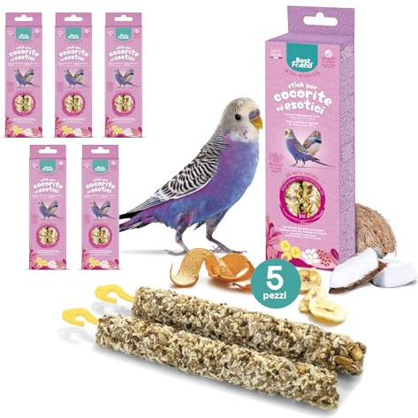 Best Friend - Snack Naturali Cotti al Forno per Cocorite e Uccelli Esotici. Gustosi stick per gli uccelli, ricchi di vitamine con legno di betulla per denti sani | Frutta Tropicale, 5 Pack x 85 g