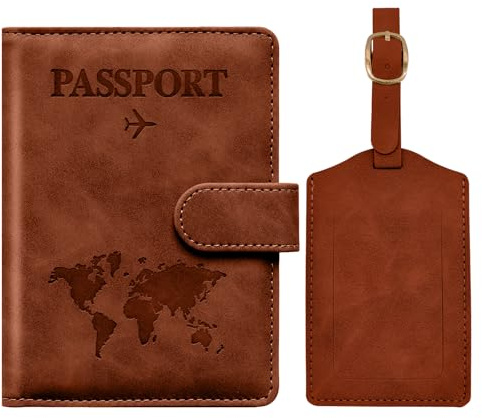 Toctax Protege Passeport Francais et Etiquette Valise, Protège Passeport avec Bloqueur RFID, Protège-passeports pour Hommes et Femmes, Passport Cover pour Travel Essentials, Passport Holder (Brun)