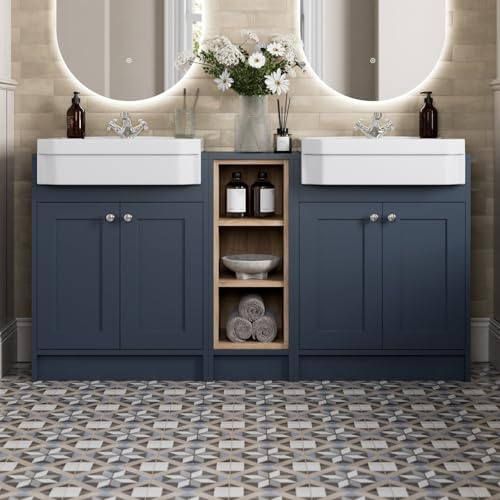 BAYSTONE® Winchester 1540mm Bathroom Double Vanity Unit Semi-Recessed Basin Sink Shelf Unit Storage Cabinet Cupboard Freestanding, Wash Basins, Traditional, Matt Blue