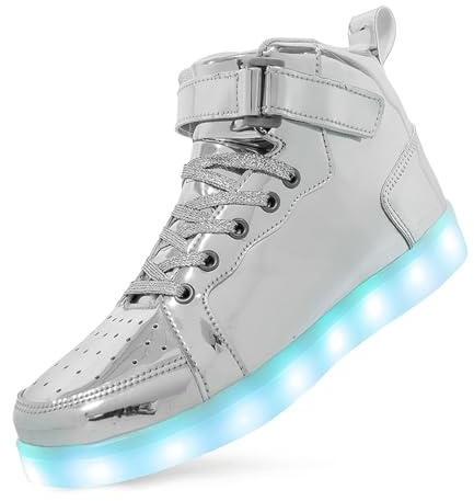 Dasongff LED luminoso zapatos de entrenamiento 7 colores brillante super intermitente USB recargable transpirable deportes al aire libre zapatos de correr bajos niño niña regalo de cumpleaños, plata