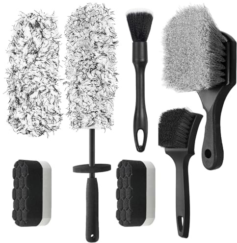 RMNKTHC 7 PCS Kit Limpieza Coche, Set de Limpiador de Llantas con Cepillo de para Llantas, Cepillo para Neumáticos, Pinceles de Detallado y Esponjas de Pulido para Lavado y Cuidado del Vehículo