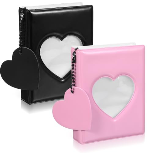 2 PCS Mini Photo Card Holder Binder, Mini Photocard Book 3 Inch Black and Pink Photo Album with Heart Hollow Design, 32 Pockets Each, Compact and Portable, Binder