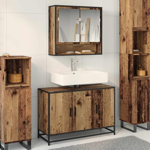 Yunovire Badrumsmöbelset med spegelskåp och tvättställsunderskåp av träbaserade material, gammalt trä, 2-delad med hylla, förvaringsutrymme, väggmontering, modern design för gäster, toalett och badrum