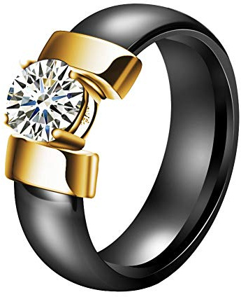 PAURO keramisk zirkon för kvinnor förlovning bröllop bandring, Guld, Kubisk zirkonia