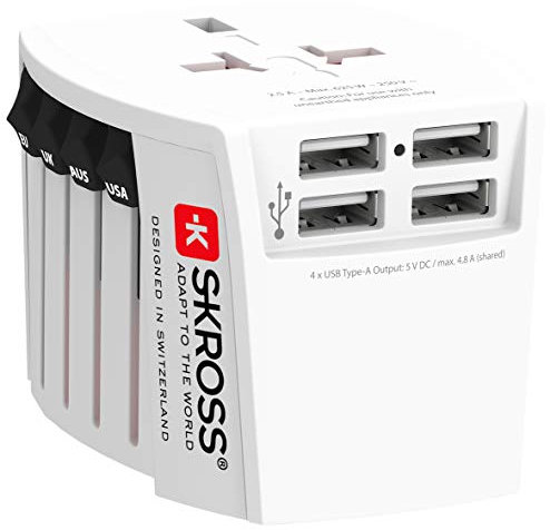 SKROSS - 1.302961 - MUV USB (4xA) Adaptador de Viaje Universal + 4 USB Tipo A de 4.8 A - Voltaje y Potencia: 100V - 250W / 250V - 625W. Protección contra Descargas Eléctricas