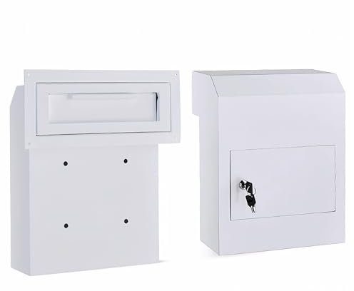 flybold Through-the-Door Locking Key Drop Box Heavy Duty Rainproof Door Mail Slot Drop Boxes for Business with Tubular Lock Keys Baffle Prevents Money Fishing Dropbox Slots for Doors Keys Rent Deposit