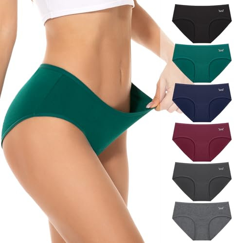 PULIOU Unterhosen Damen Baumwolle Stretch Unterwäsche Frauen Slips Mittel Taille Atmungsaktiv Panties Hipster Mehrpack 6er Pack, Dunkle M