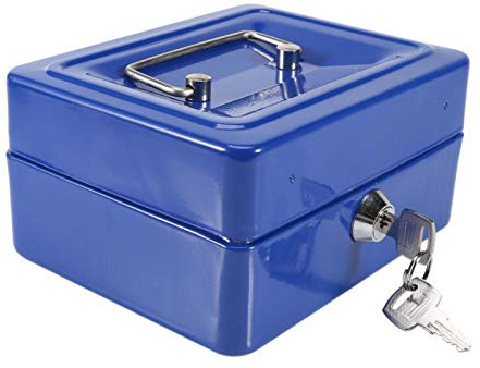 Caja Fuerte Portátil con Portamonedas, Dinero Metal Duradera Bandeja Almacenamiento Bloqueo Ranura Portatil Cajas 2 Teclas Ignifuga y Impermeable Llave Medium para Monedas Pequeña Seguro(Azul)