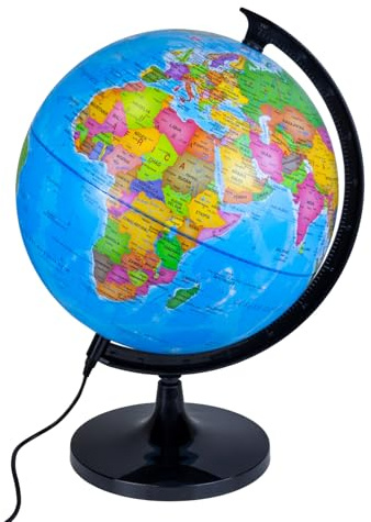 Raylu Paper Globo Terráqueo Azul de 30cm con Luz y Cable USB, Bola del Mundo Iluminada Giratoria en Español con Cartografía y Meridiano, Esfera del Mundo para Aprendizaje y Decorativo (Azul, 30cm)
