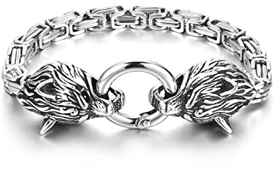 PiercingJak Bracelet Viking tête de loup pour homme en acier inoxydable avec chaîne royale nordique Viking nordique bijoux amulette loup Odin, taille unique, Acier inoxydable