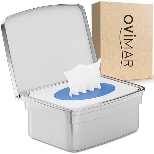 ovimar Feuchttücher Box mit Deckel Taksensand | in edlem Silber poliertem Edelstahl | zum Bohren | Damit Kosmetiktücher Dank der Feuchttücher Aufbewahrungsbox Immer frisch bleiben