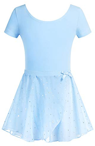 Arshiner Kinder Ballettkleidung Mädchen Ballettkleid Baumwolle Tanzbody Balletttrikot Dancewear Tanzkleid mit Rock Tütü Türkis 140/6-7 Jahre