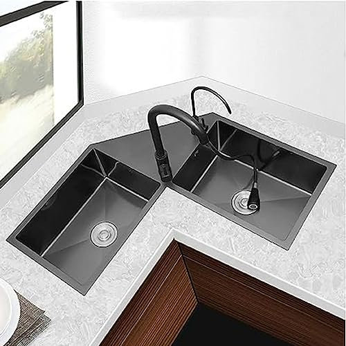 NOWLIN Corner Kitchen Double Bowl Sink, 86*86*22cm, Stainless Steel, Brushed, Undermount, 3 Holes, Seashell, Basket Strainer, Contemporary, Swivel Kitchen Sink