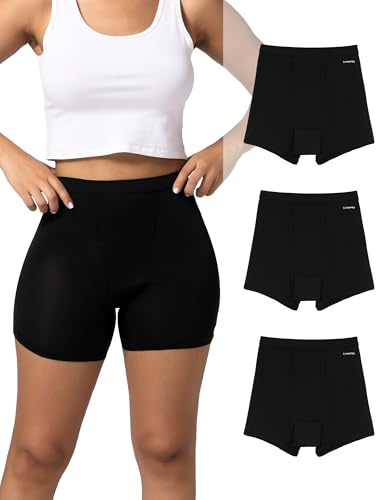 INNERSY Women's High Waisted Period Underwear Boy Shorts Panties for Postpartum Menstrual 3-Pack(Black,L)