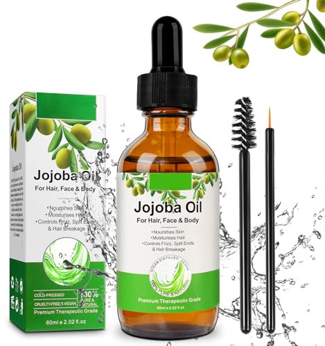 Bio-Jojobaöl, 60 ml, ätherisches Öl, 100 % rein, natürlich und kaltgepresst, für Gesicht, Körper, Haare, Bart, Nägel, Jojobaöl, Glasflasche + Pipette + Pumpe (Jojoba-Öl)