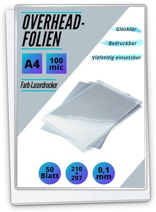 50 x Overheadfolie A4 - OHP Folien glasklar - Folie für Farb-Laserdrucker - Overheadfolien auch als Kopierfolie, Projektorfolie oder Drucker Folie geeignet