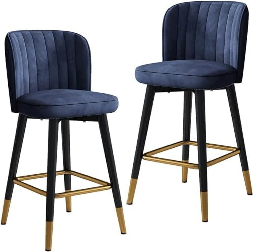 Samt Rückenlehne schwenkbarer Hochstuhl Barhocker mit schwarzen Beinen (2 Stück) – Home Küche Bank Empfang Barhocker mit Gold Chrom Fußstütze (Farbe: blau, Größe: 75 cm)