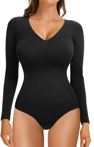 Risipu Sweetheart V Neck Long Sleeve Bodysuits for Women Sexy Going Out Tops Body Suits with Snap Closure Going Out Casual Slim Fit T-Shirts (Black, M)