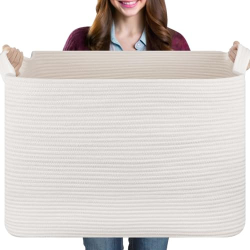 108L Extra Large Blanket Basket, for Living Room, Nursery, Bedroom, Laundry Room,Rectangle Woven Storage with Handles for Comforters, Pillows, Cushions and Toys, 24.8 x 16.2 x 16.2, White