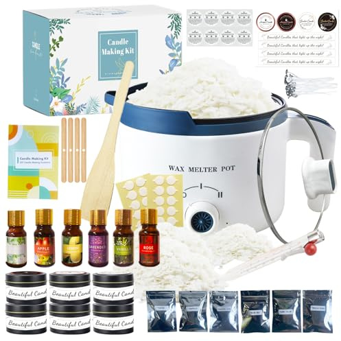 Kit di fabbricazione di candele di soia con fonditore di cera elettrico, Kit per Produzione di Candele per Principianti, inclusi 2 libbre di cera di soia, stoppini, profumi, coloranti, barattoli