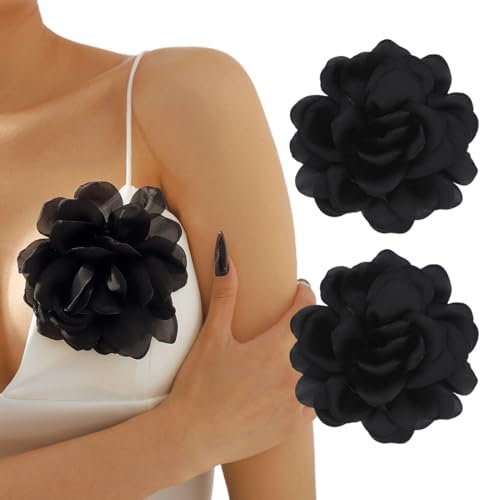 MIRKUZI Broschen & Anstecknadeln für Damen 2 Stück große Rosenbroschen, Stoffblumenbroschen, einfarbige Broschen, geeignet für Damen-Abschlussball-Hochzeits-Outfit-Accessoires (schwarz)