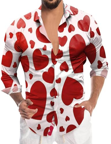 NQyIOS Valentine's Day Shirts for Men Novelty 3D Printed Holiday Party Dress Shirts Long Sleeve Button Up Love Heart Shirt Hawaiian Shirts Work Office Wedding Shirt Valentines Shirts (Red, L)