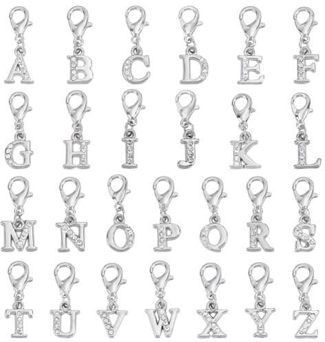 WEBEEDY 26 ciondoli a forma di lettere dalla A alla Z, con cristalli, a clip, con chiusura a moschettone, per gioielli fai da te, borse, bracciali, portachiavi, borse, cerniera, segnapunti
