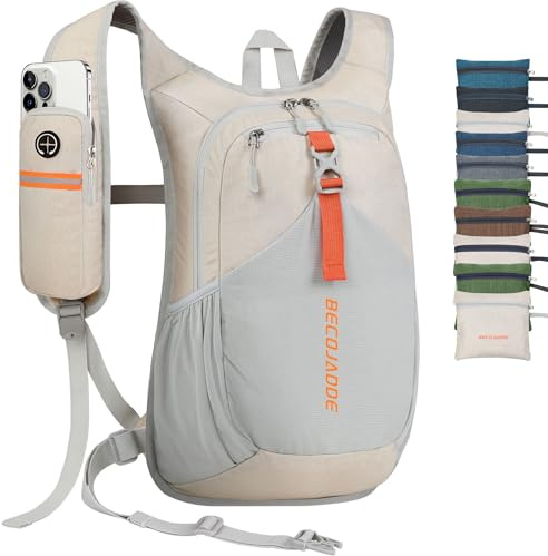 BECOJADDE 15L Sac à dos de randonnée pour hommes et femmes - Petit sac à dos léger - Sac de jour pliable - Sac à dos de randonnée pour le camping, les randonnées en plein air, les voyages, beige, 18 l