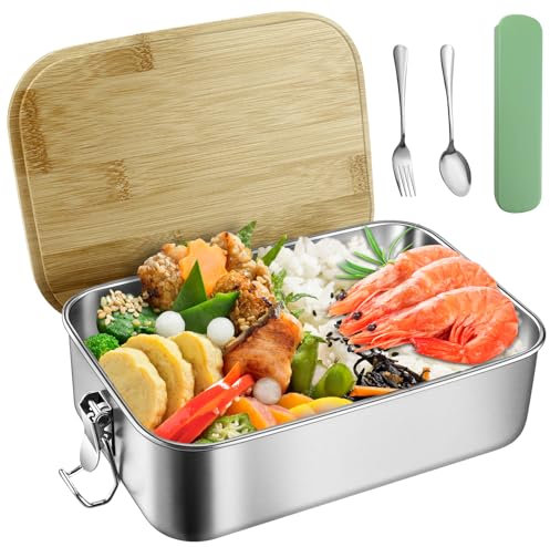 ADNEWX 1500ml Edelstahl Brotdose, Große Kapazität Lunchbox mit Bambusdeckel Nachhaltige Umweltfreundliche Brotzeitbox für Erwachsene Kinder Alltägliche Familienpicknick, Mit Besteck
