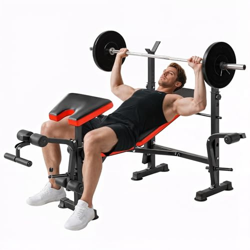 HOMCOM Banc de musculation Fitness entrainement complet avec support d'haltères dossier réglable acier 175 x 139 x 127 cm noir et rouge