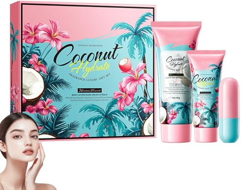 Kokos Körperpflege Set | Körperlotion | Handcreme | Lippenbalsam, 3-teiliges Geschenkset, Reichhaltige Körperlotion für sehr trockene Haut, Körperpflege CoconutBodyLotion