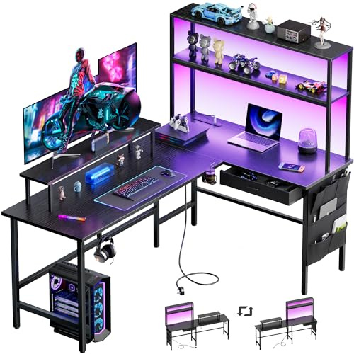 DLONGONE 150x100cm L Shaped Gaming Desk with LED Lights & 3 Power Outlets | Reversible Computer Desk with Storage Shelves, Corner Desks with Drawer, 3 USB Ports & Monitor Stand for Home Office, Black