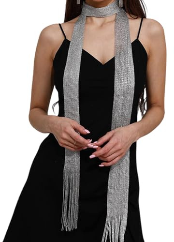 GKYQVE Écharpe transparente brillante pour femme, bal de fin d'année, fête, pompons en dentelle légère pour femme, mariage, voyage, décoration pour femme, tête longue pour plus de légèreté, Argenté