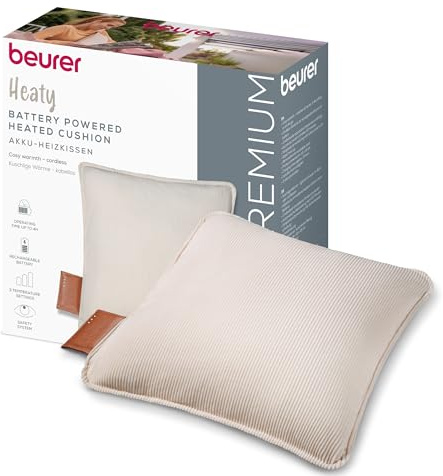 Beurer Heaty Termoforo, termoforo senza fili con batteria, con spegnimento automatico e 3 livelli di temperatura, con riscaldamento rapido, morbido velluto a coste, bianco