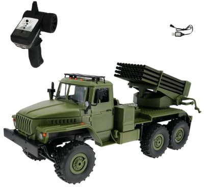 WANENGEDIY RC camion militare, 1/16, 2,4 GHz, BM-21 gradi, lanciarazzi radiocomandati, veicolo militare con 2 batterie e luci a LED, telecomando RC auto per adulti e ragazzi