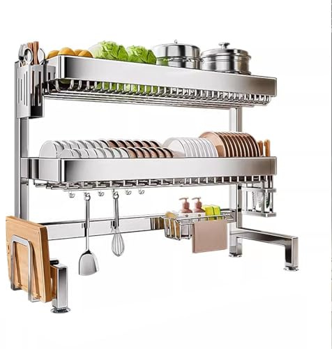 Diskbänksavlopp, stor köksdränering, tillverkad helt av rostfritt stål, multifunktionell köksbänkskiva organisatör (dubbelskiktad, 85 cm)
