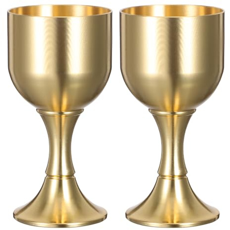 Veemoon Lot de 2 Calices à Vin en Laiton Doré 50g Pied Haut Gobelet Cérémonie Mariage Vintage Coupe du Saint Graal Décorative pour Banquets et Rituels Religieux