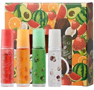 Set om 4 roll-on läppglans, fruktig aromatiserad transparent rollerball-läppolja, fuktgivande och volym läppbalsam, giftfri läppmakeup set