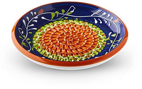 Garlic Grater Plate #Ref 4. Handmade and Hand Painted in Cordoba, Spain. Blue with Green and Orange Circle. Wild Flowers.