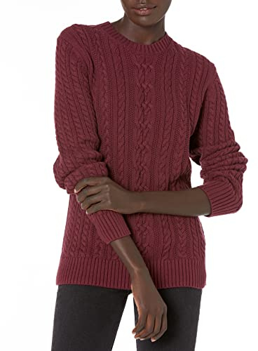 Amazon Essentials Suéter Fisherman de manga larga con cuello redondo para mujer (disponible en tallas grandes), borgoña oscuro, talla L