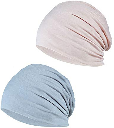 YOFASEN Slouchy Beanie Hat - Chemo Cancer Cotton Head Hat Sleep Cap Turban Headwear Stretch Muslim Headscarf for Women Men(2 Pack), Beige+Light Grey, One Size