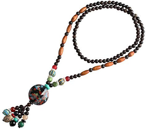 THTHT Jahrgang Handgefertigte Perlen Halskette Pullover Kette Ethnischer Natur Holzschnitzerei Keramik Perlen Schwarz Böhmischen Minimalistisch Einfache Unisex Bekleidung Zubehör