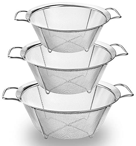 Dicunoy Sieb Küche, 3er Set Edelstahl Mesh Sieb Korb mit Griff, stapelbar Mesh Fußsieb für Spülen Lebensmittel, Obst, Gemüse, abseihen, abtropfen lassen (2,3/2,8/4,7 L)