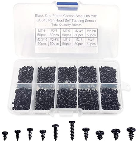 Kit de Vis Autotaraudeuses en Acier au Carbone - 500 Pièces Noir à Tête Fraisée et Ronde, Cruciformes et Autotaraudeuses, Tête Fraisée Noire