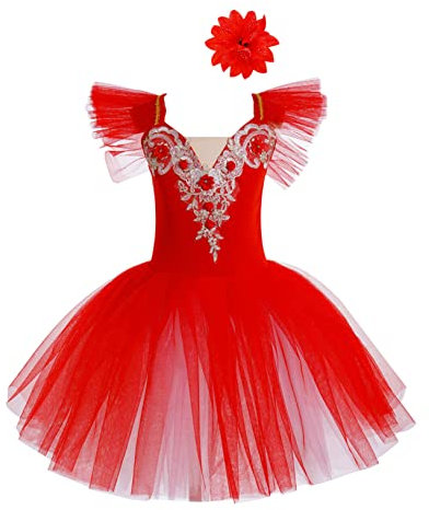 Freebily Justaucorps Gymnastique Enfant Fille Tutu Ballet Robe Patinage Danse Classique Tenu Fille Tutu Cours de Danse Moderne Performance Chic 1-14 Ans Z Fleur Rouge 5-6 Ans