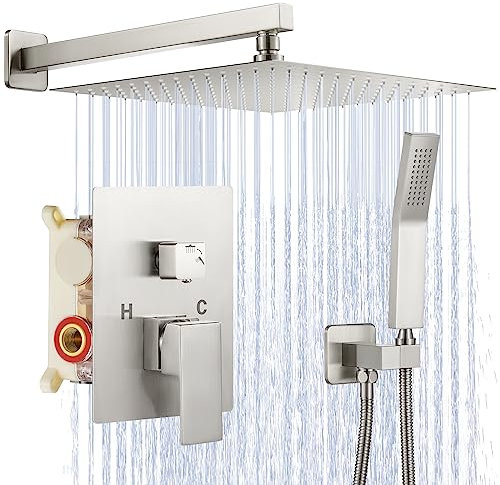 JOMEOO 12 Brushed Nickel Shower System, Wall Mounted High Pressure Rain Shower Head with Handheld Shower, Bathroom Luxury Shower Head, Shower Head, Rough Valve Body and Trim