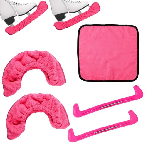 NQEUEPN Schlittschuhschoner & Einweichtücher & Handtuch Kit, Weich Schlittschuh Kufenhüllen und Hart Schlittschuhschoner Hockey Eiskunstlauf Zubehör für Männer Frauen (Pink)